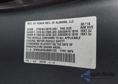 2018 Honda Odyssey Elite from USA, damaged, VIN 5FNRL6H93JB091725